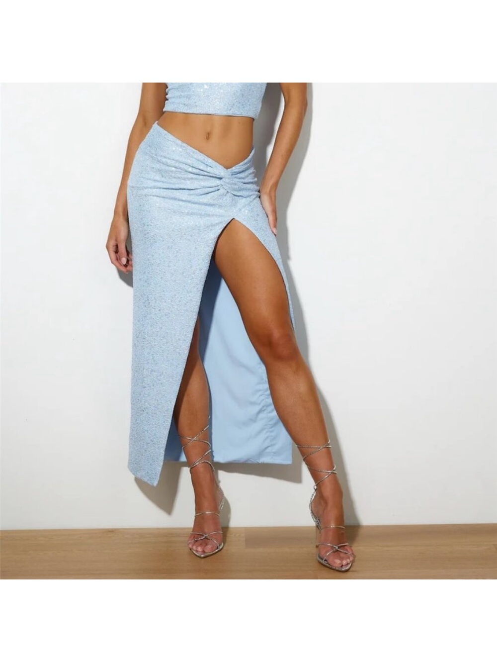 Hello Molly Light Blue Sparkle Maxi Skirt with Twist Front & High Slit
